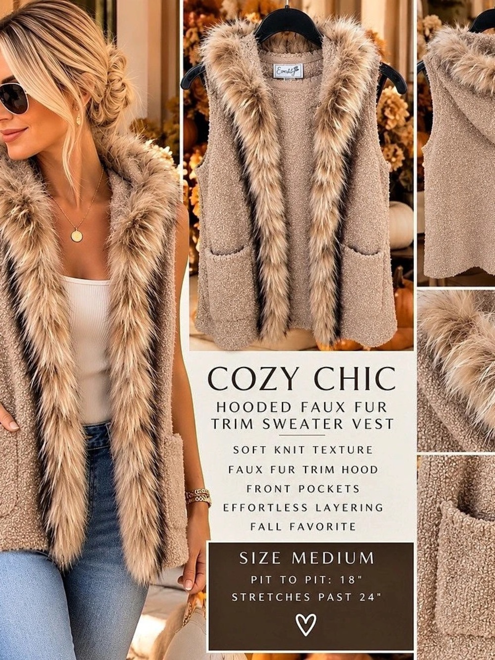 Faux Fur Trim Hooded Sweater Vest Size Medium Like New